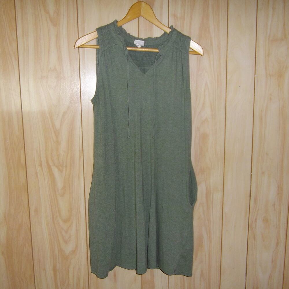 Merona Minimalist Boho Olive Green Ruffle V-Neck Linen Blend Midi Shift Dress S